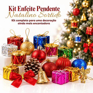 Kit Enfeite Pendente Natalino Decoração para Arvore Luxo Pinha Bengala Tambor Laço Bola Estrela dourado vermelho