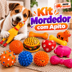 Kit Brinquedos Mordedores com Apito para Cachorro Cães Pet Vinil Sortidos Sonoros Interativos Pequeno Médio Porte