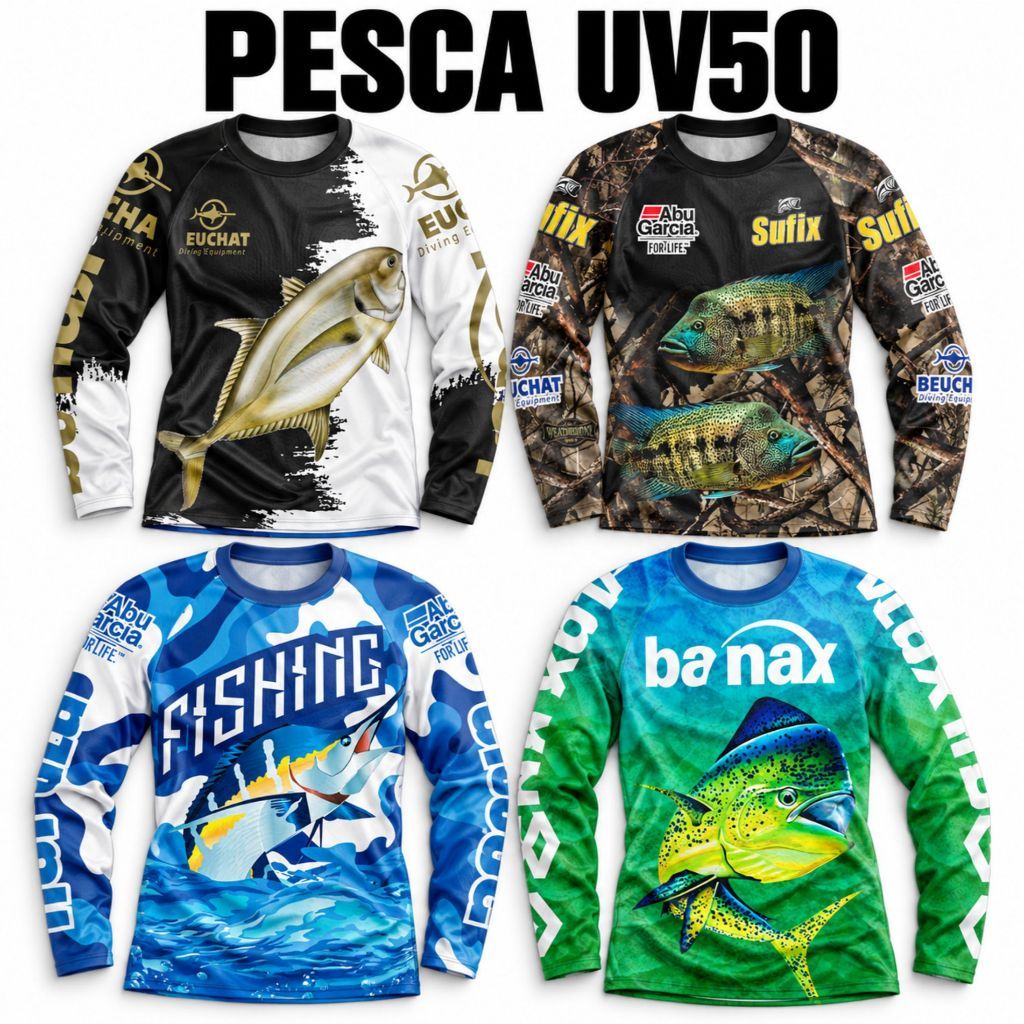 Camisa Camisetas Blusa de Pesca Peixe UV50 Masculina e Feminina Manga Longa Proteção Solar pescaria