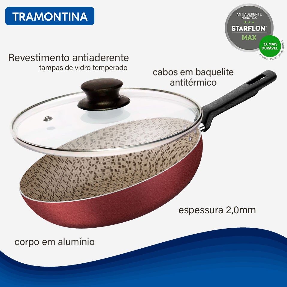 Frigideira Funda com Tampa Tramontina Turim 24cm Antiaderente Vermelha e Espátula — imagem 2 de 2