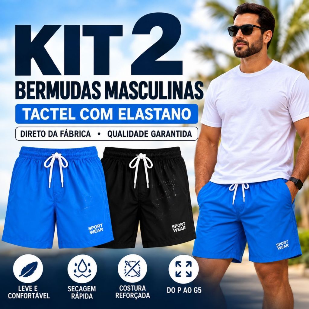 Kit 2 Bermudas Masculinas Tactel Elastano P ao G5 Direto da Fábrica