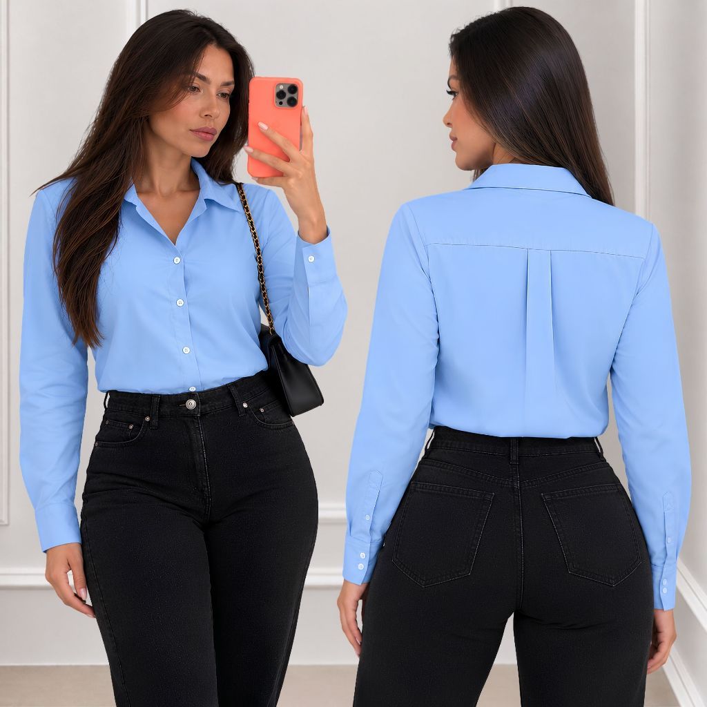 Camisa Social Feminina Lisa  Em Tecido Crepinho Elegante Manga Longa  Plus size M G GG G1