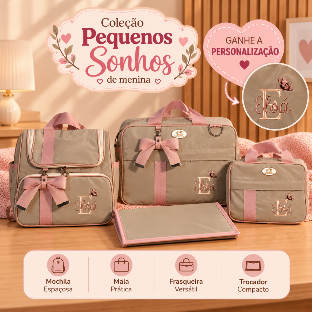 Kit maternidade personalizado 4 peças menina | Coleção Pequenos Sonhos