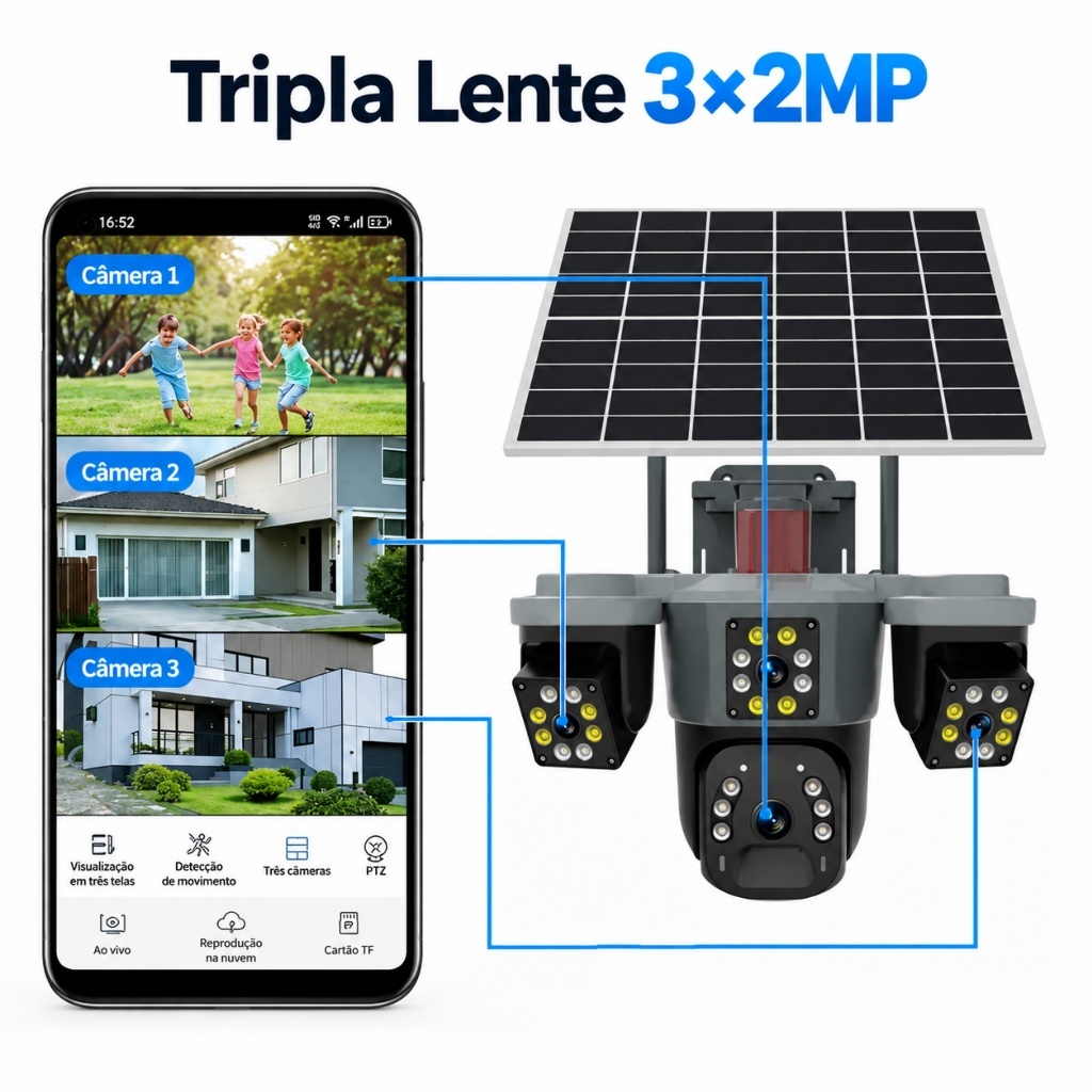 Câmera Segurança Solar 4G Aitek Tripla Lente 3x2MP PT 270° EseeCloud MicroSD SIGMA SEG6223S — imagem 2 de 2