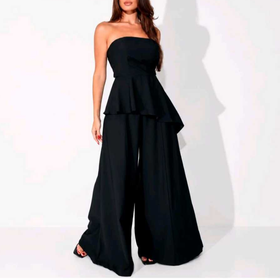 conjunto feminino top pleplum assimetrico e calca pantalona elegante sensorial marrante
