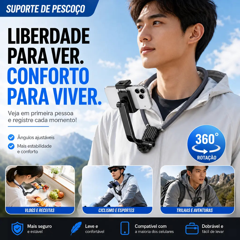 Suporte de Pescoço Mãos Livres 360°, Compatível com Celular e Câmera de Ação para Vlog e Gravação POV
