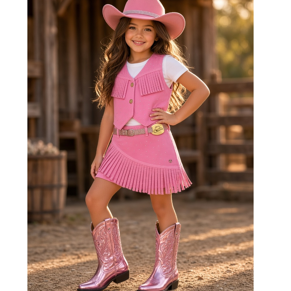 Conjunto Infantil Blogueirinha Boiadeira Colete e Saia Country estilo Ana Castela Rosa