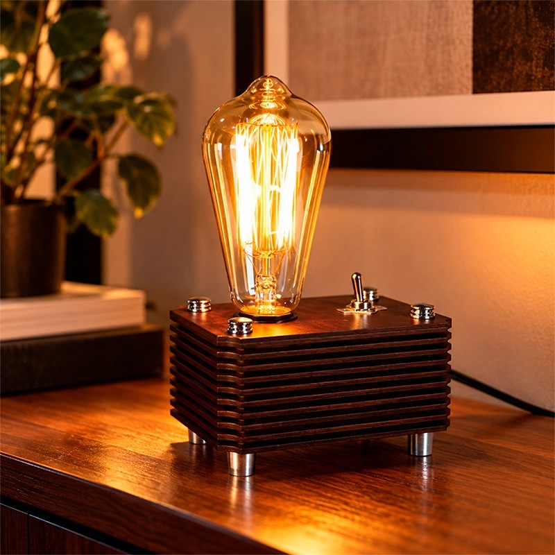 Abajur de Mesa Vintage Retrô Madeira Luminária Industrial Decorativa com Chaveta - Skyshow®