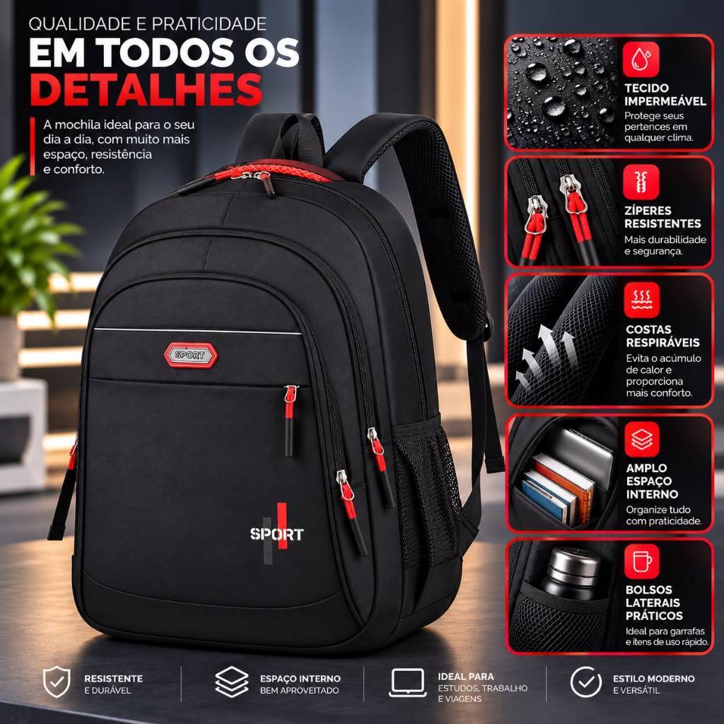 Mochila Impermeável Masculina Grande Reforçada Para Notebook Faculdade Trabalho Viagem