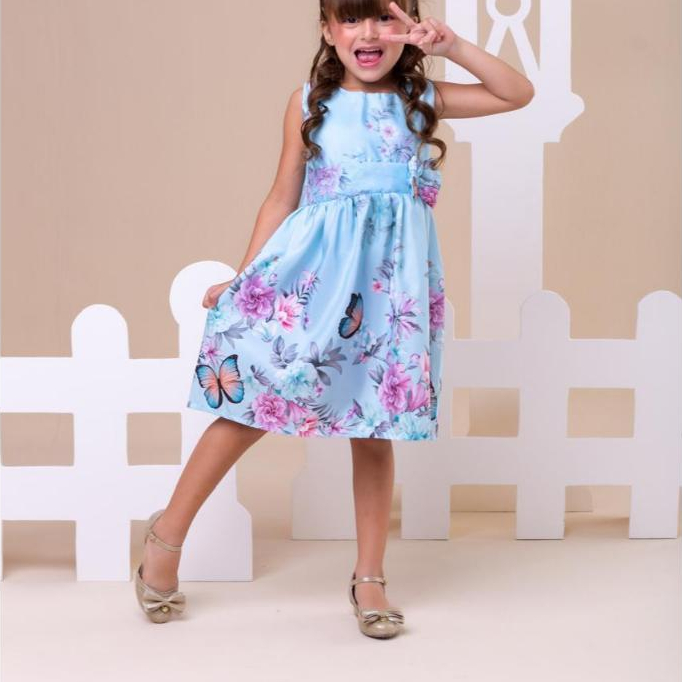 Vestido Infantil Menina Floral Azul Borboletas Sem Manga ou com Manga 4 a 12 Anos