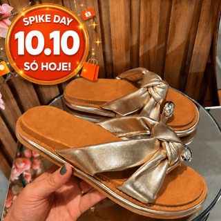 OFERTA 10.10 SHOPEE Sandália Rasteira Feminina com Laço, Detalhe Dourado, Palmilha Macia e Solado Confortável