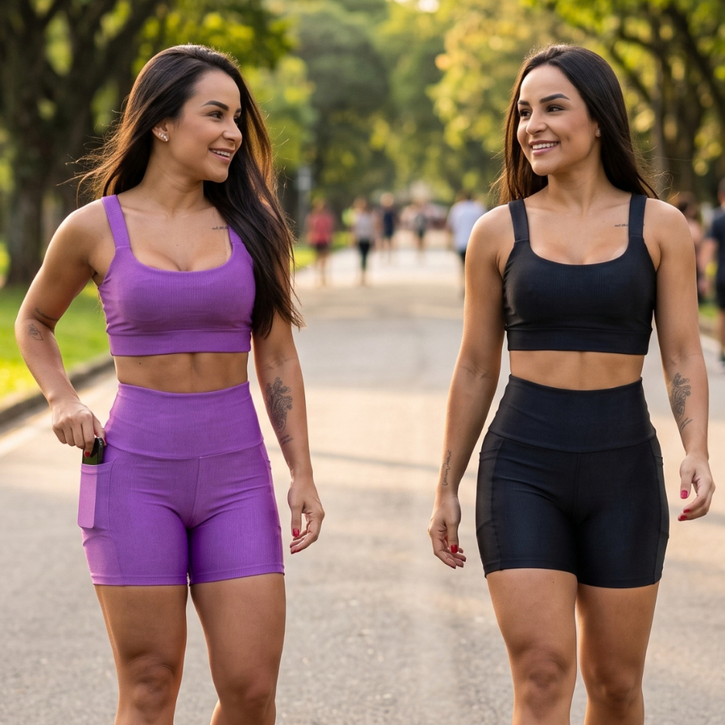 Kit 2 Conjuntos Canelados Top de Academia e Short com Bolso Corrida Topper Feminino Roupa Fitness Feminina Legging Alta