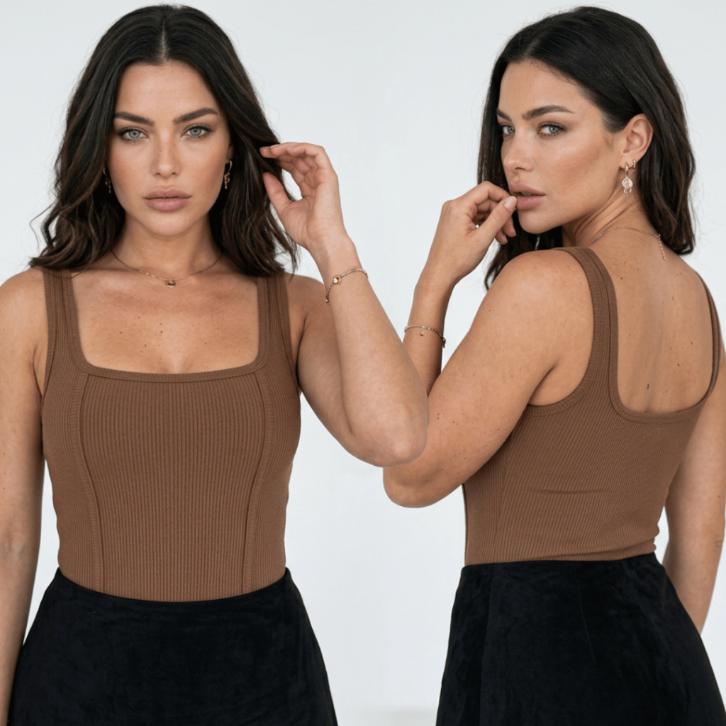 Body Feminino Regata Canelado Decote Quadrado Ajustado ao Corpo Estilo Blogueira