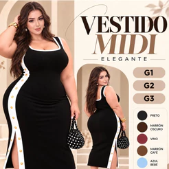 Vestido Plus Size Feminino Longo Canelado Justo Tubinho Regata Bicolor Fenda Laterais Botões G1 G2 G3