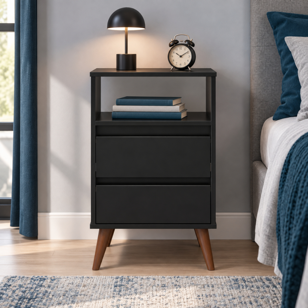 🛏️ Mesa de Cabeceira Roma com 2 Gavetas e Nicho Organizador para Quarto Design Moderno e Compacto com Pés - Preto