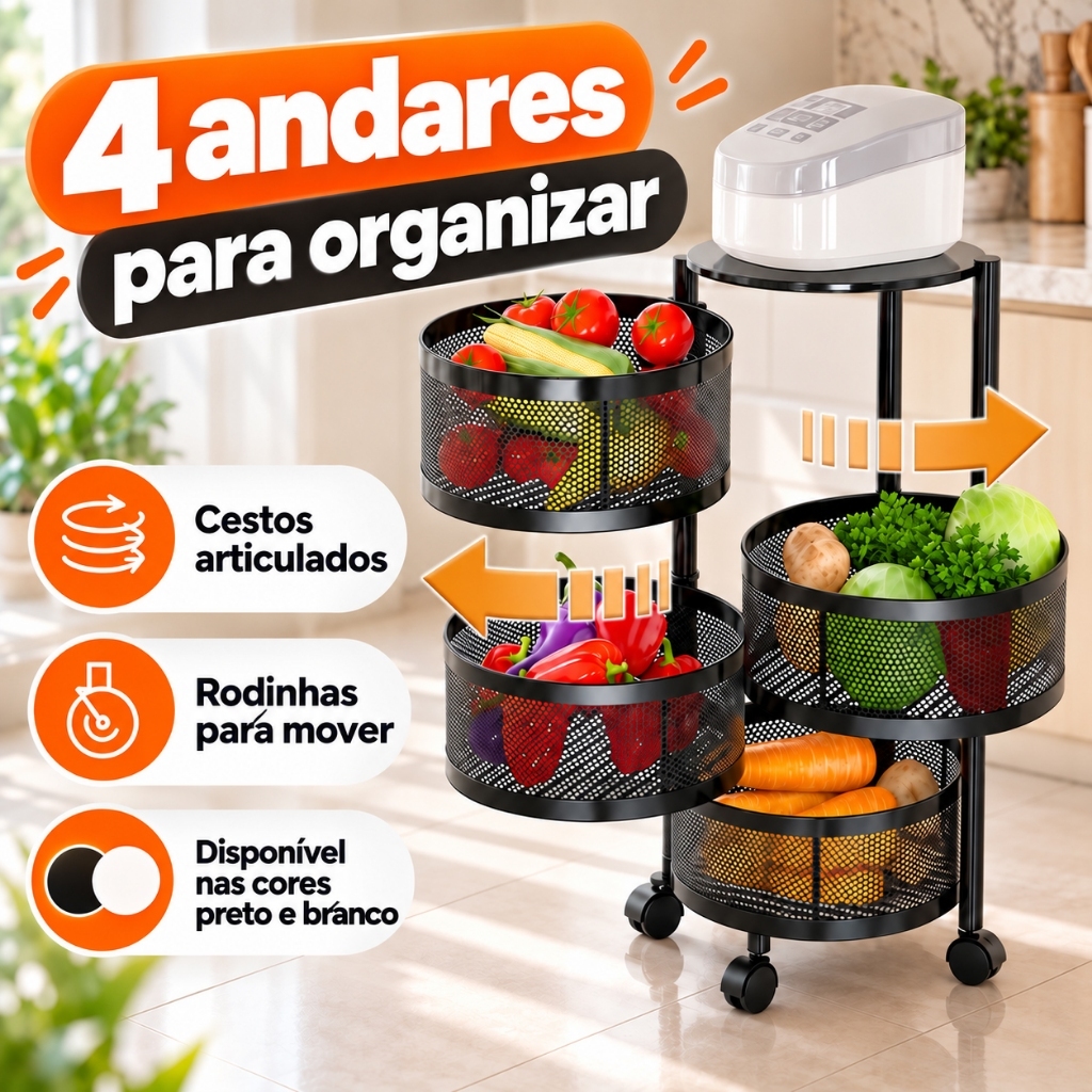 Fruteira 4 Andares Cestos Articulados De Metal Com Rodinhas Cozinha Organizador Vertical Cor Preto e Branco