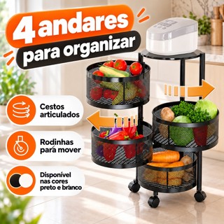 Fruteira 4 Andares Cestos Articulados De Metal Com Rodinhas Cozinha Organizador Vertical Cor Preto e Branco