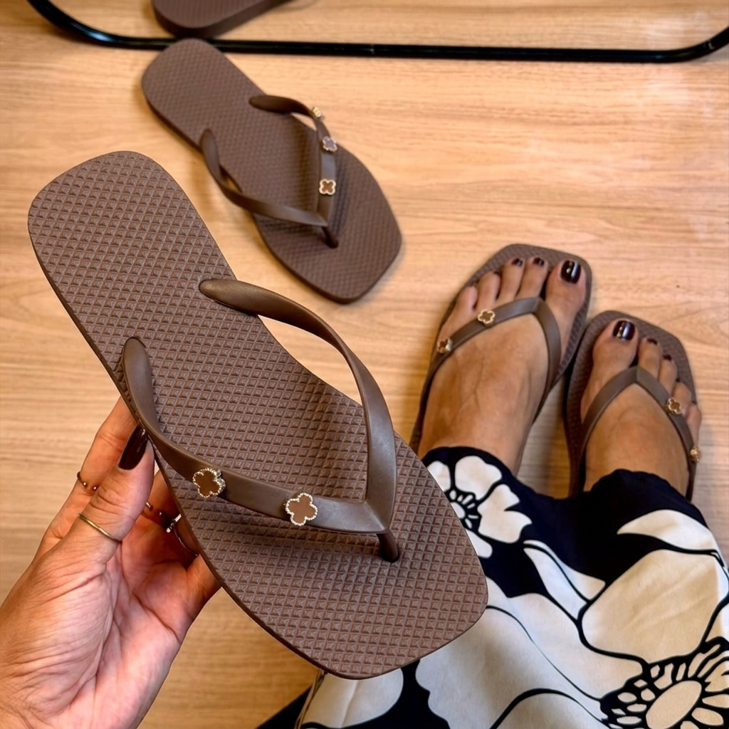 Chinelo Feminino Casual de Trevo Sandália Feminina Rasteirinha Rasteira de Dedo Confortável Leve Macio Antiderrapante