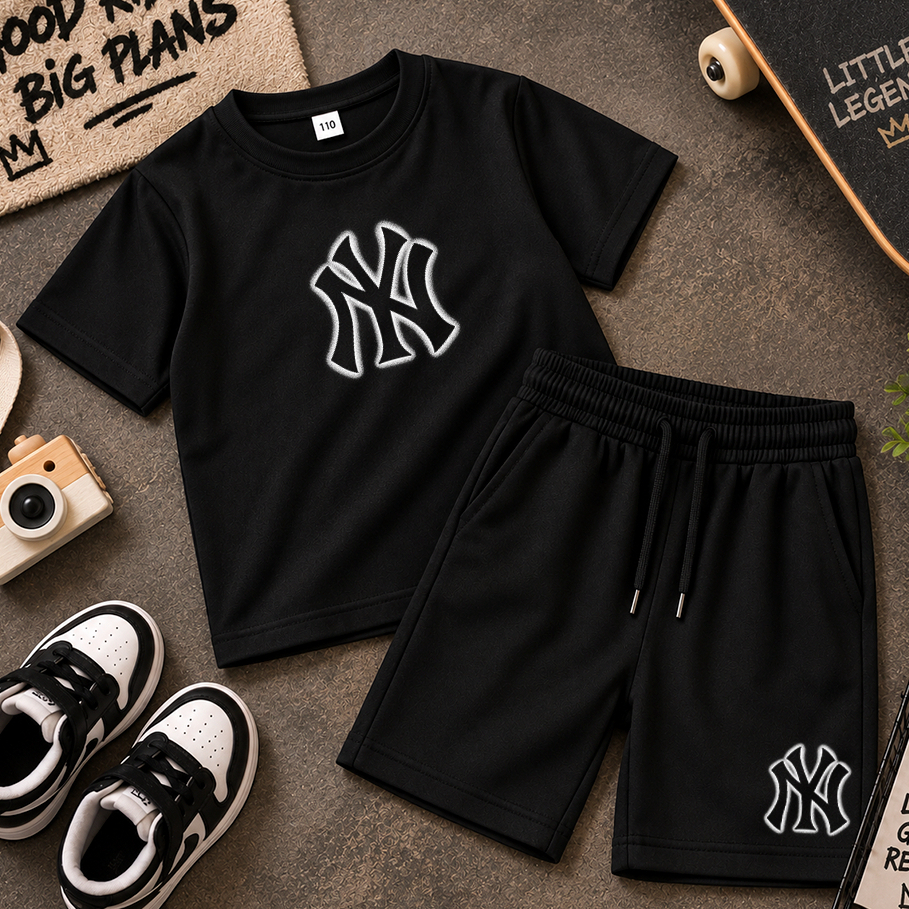 Conjunto Infantil Menino Camiseta Algodão e Bermuda Moletinho Streetwear New York Ny Estiloso Moda Kids