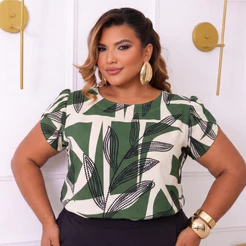 Blusa feminina estilosa manga tulipa plus size casual estampada