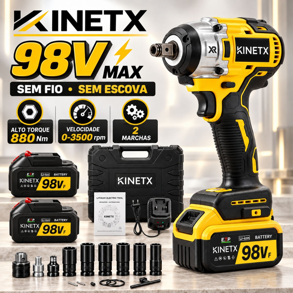 Chave de Impacto 880Nm 98Vf Parafusadeira Furadeira Sem Fio KINETX com 2 Baterias + Maleta e Acessórios Profissional