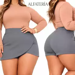 SHORT SAIA MEIA LUA FEMININO PLUS SIZE COM ZIPER BOLSOS LATERAIS CINTURA ALTA EM AFAITERIA MODA PLUS SIZE