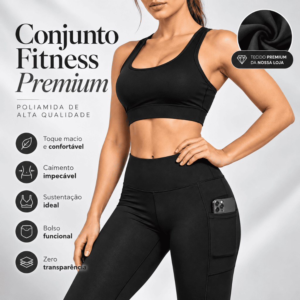 POLIAMIDA Conjunto Feminino de Academia Tecido Geladinho Premium Top com Bojo Calça Blackout Bolso