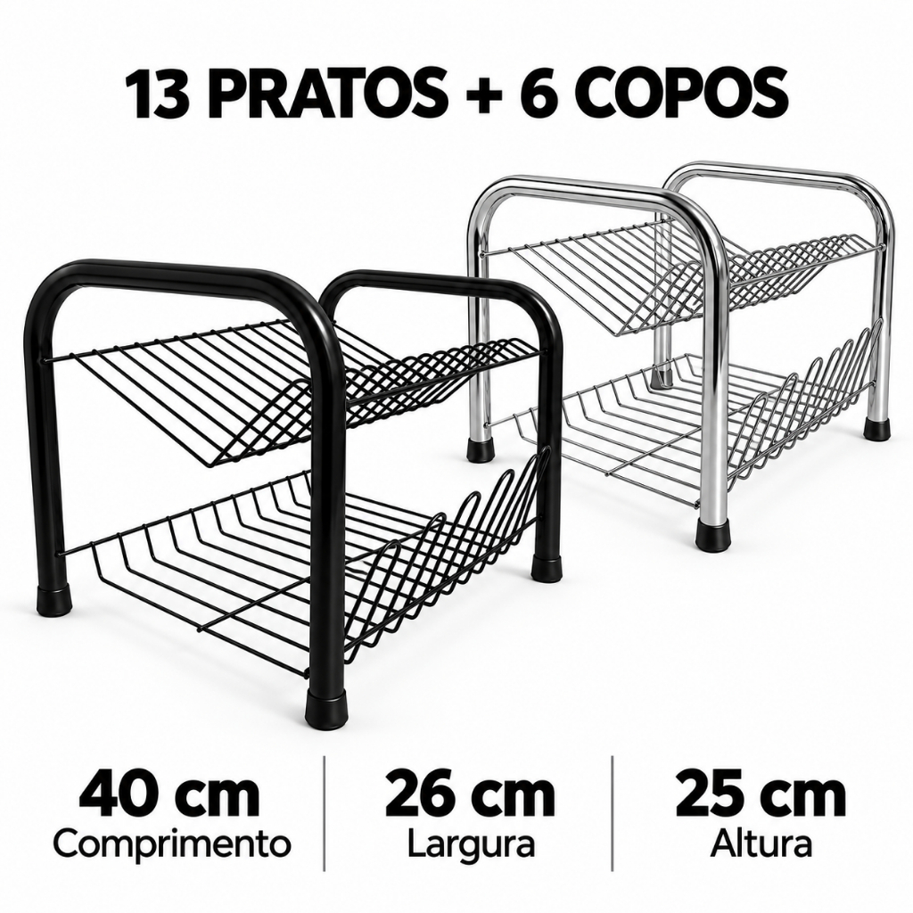 Escorredor Secador De Louça Aço 2 Andares 13 Pratos + 6 Porta Copos Preto Cromado Promoçã…