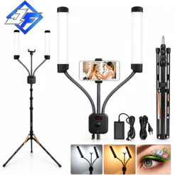 Anel de Luz com Tripé de Chão e 2 Braços, 45W Bicolor (3000K-5600K) com Controle Remoto e Suporte para Celular
