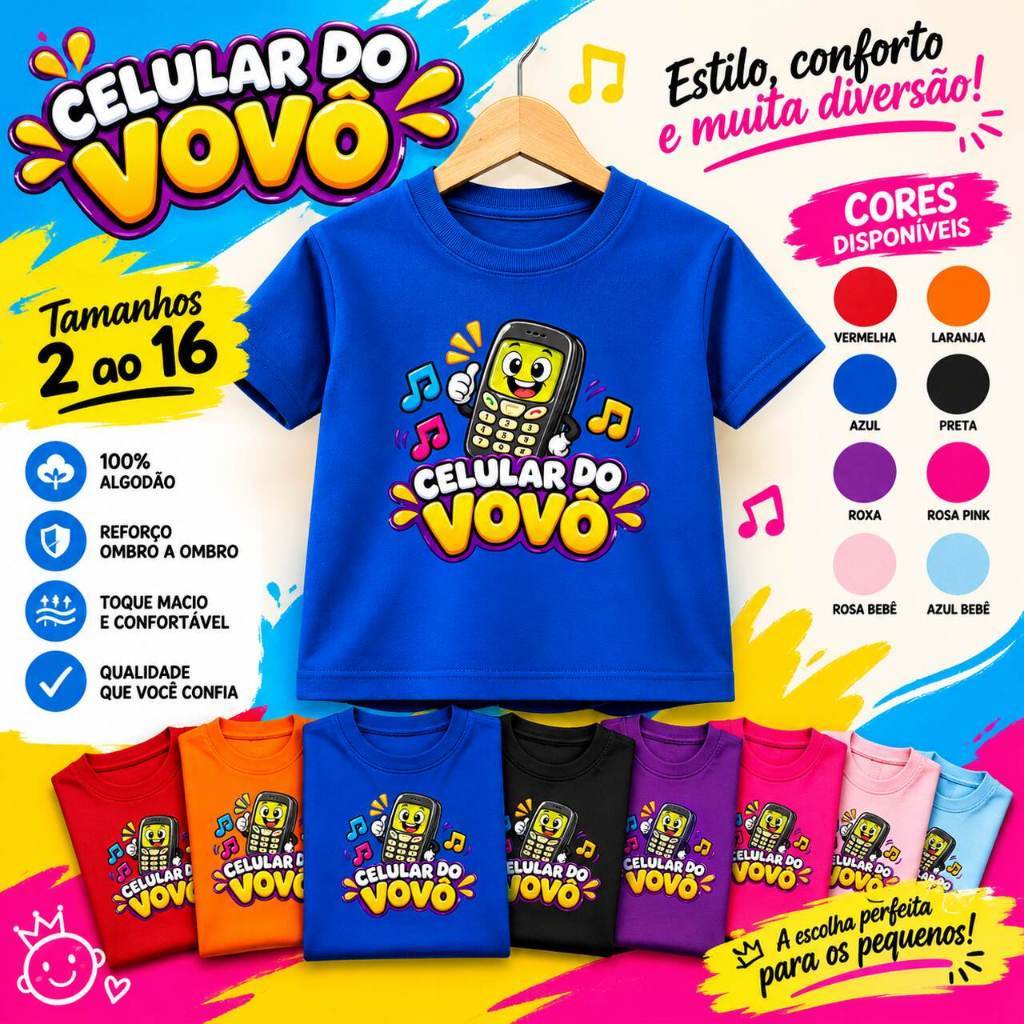 Camiseta Infantil Animadinhos Celular do Vovô Menino Menina Estampada Colorida Algodão 2 ao 16 Roupa Infantil Unissex