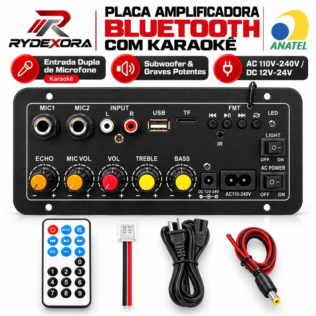Mini Amplificador Bluetooth 12V 220V Bivolt Karaokê 2 Entradas Microfone Reverb FM USB Cartão SD Controle