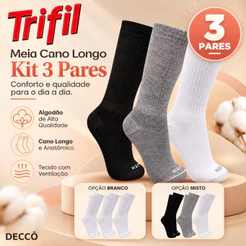 Kit com 3 Pares de Meias Trifil Esportiva Lisa Modelo Cano Longo Calcanhar Verdadeiro Básica Sport