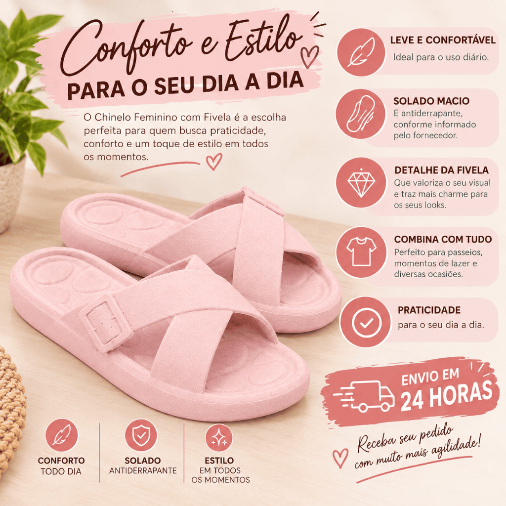 Chinelo Feminino com Fivela Ajustável Slide Casual Confortável Solado Antiderrapante