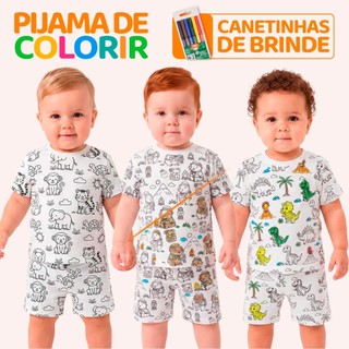 Pijama de Colorir Bebê Menino 100% Algodão Manga Curta Estampa para Colorir Roupa Infantil Verão Criativo Conforto L06