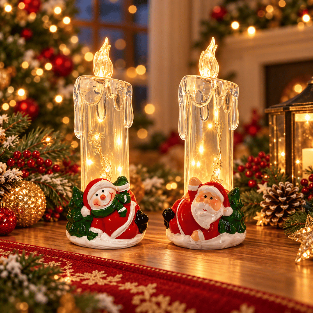 Vela com Castiçal LED 20cm Enfeite Natalino - Wincy Natal / Decoração Iluminação Mesa Papai Luxo