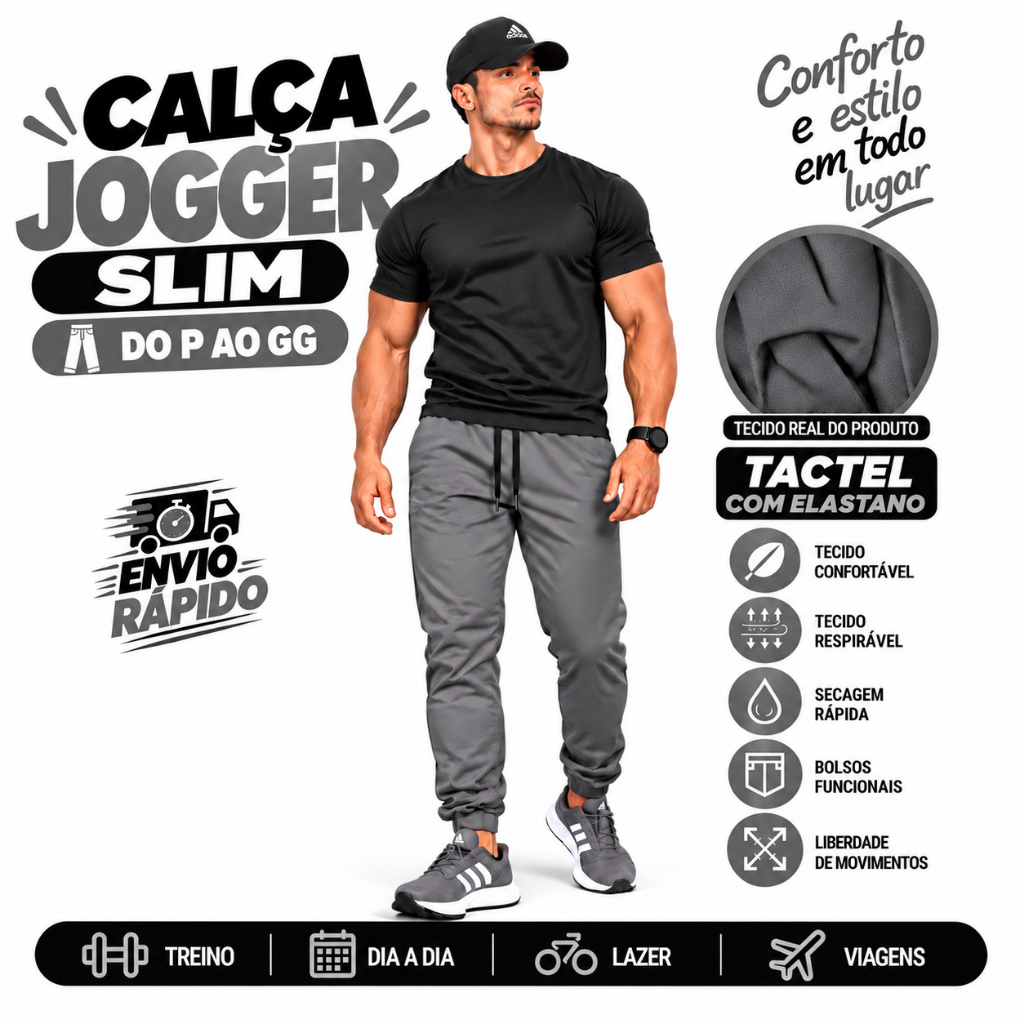 Calça Jogger Masculina Tactel com Elastano Slim Dry Fit – Esportiva, Confortável e Versátil para Treino, Academia