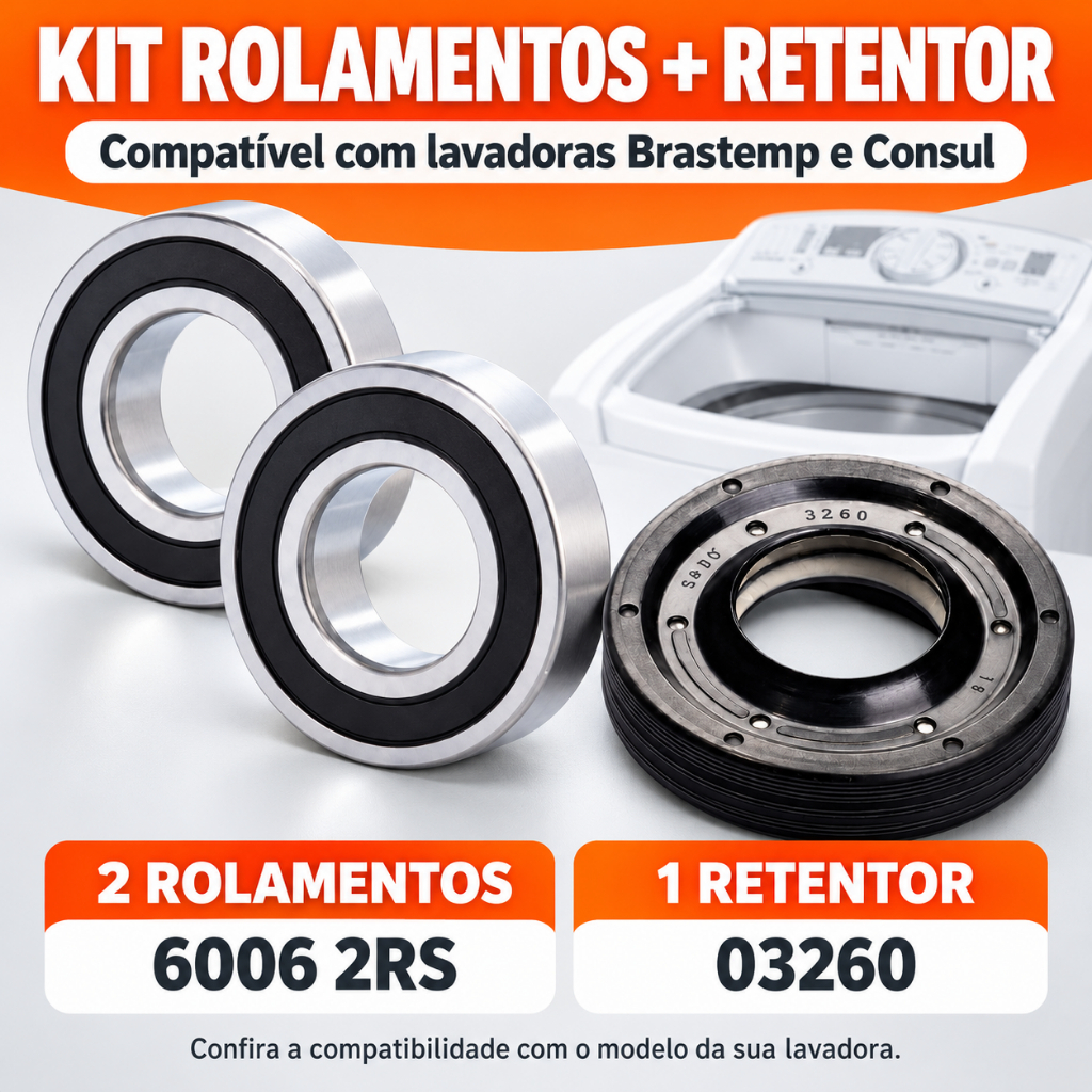 Kit 2 Rolamentos + 1 Retentor para Máquina de Lavar Brastemp e Consul