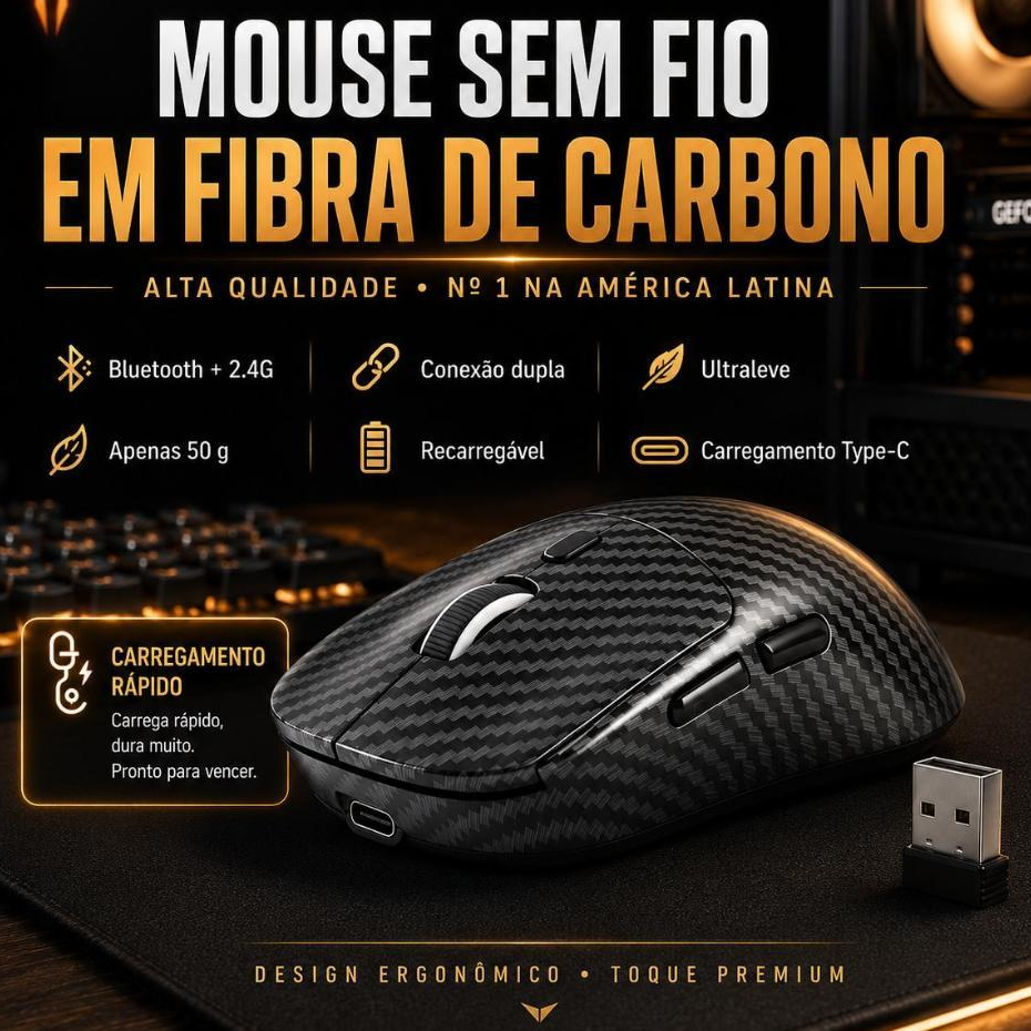 Mouse Gamer sem Fio Bluetooth 5.4 e 2.4G, DPI 800/1200/1600, Botões Laterais e Carregamento USB-C