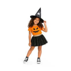 Conjunto Menina Blusa e Saia Tule Halloween Abóbora - Kidstok