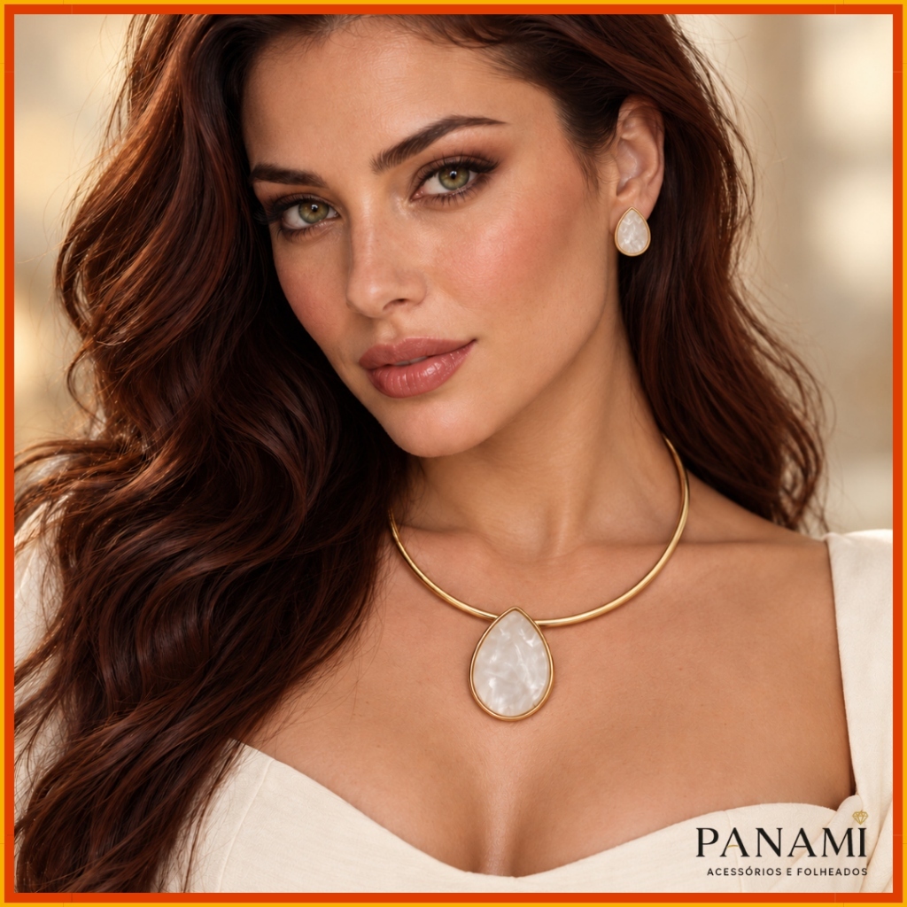 Conjunto Feminino De Colar Rígido E Brinco Gota Aurora Boreal Com Pedra Resina E Acabamento Dourado Conjunto Colar Choke