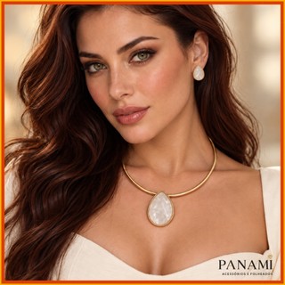 Conjunto Feminino De Colar Rígido E Brinco Gota Aurora Boreal Com Pedra Resina E Acabamento Dourado Conjunto Colar Choke