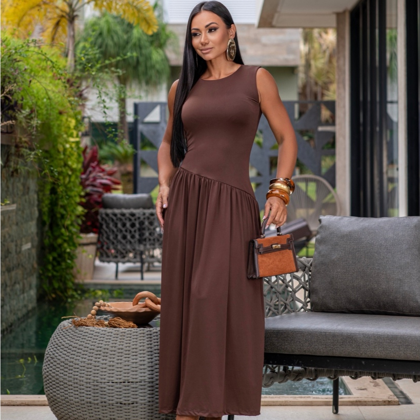 Vestido Longo Feminino Malha Elegante Acinturado Cintura Assimétrica Saia Fluida Sem Manga Casual Chic Moda Verão