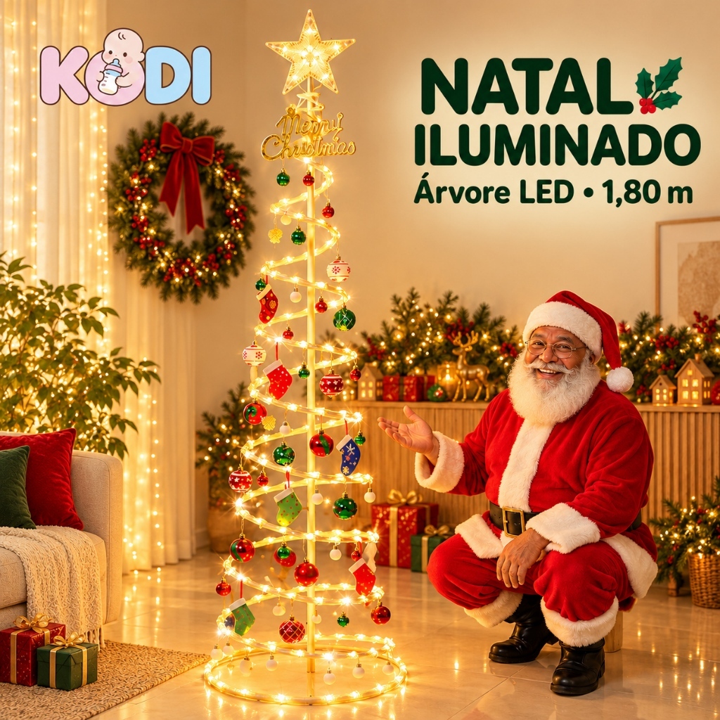 Árvore de Natal Espiral 180cm com Luzes LED, Estrela e Enfeites para Decoração de Natal KODI
