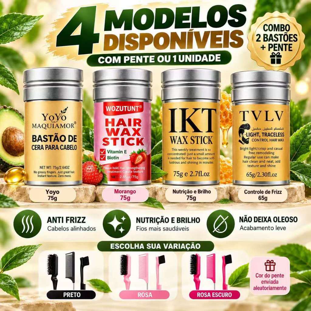 Kit Wax Stick Anti Frizz 65g e 75g +  Pentes Modeladores