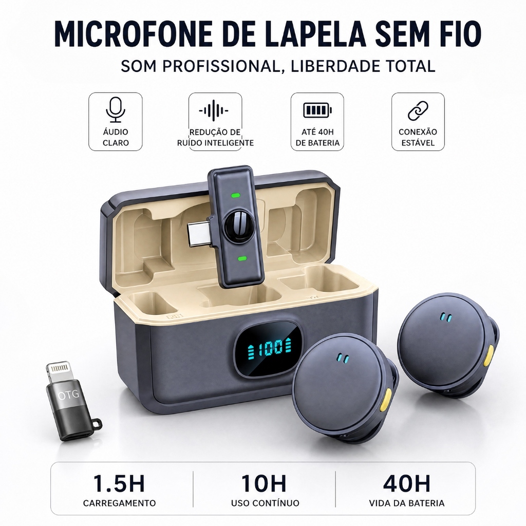 Microfone Lapela Sem Fio Duplo Magnético com Caixa Profissional Anti Ruído para Celular Vlog Live Podcast Entrevista