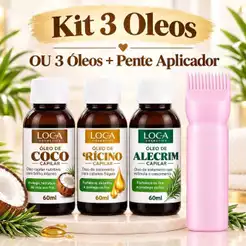 Kit Terapia Capilar Loca Cosmetics - Óleo Coco + Ricino + Alecrim 60ml OU 3 Óleos + Pente Aplicador