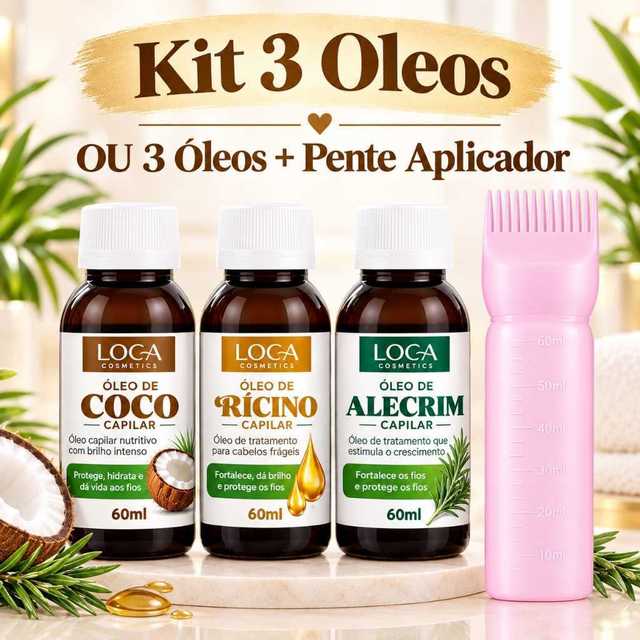 Kit Terapia Capilar Loca Cosmetics - Óleo Coco + Ricino + Alecrim 60ml OU 3 Óleos + Pente Aplicador
