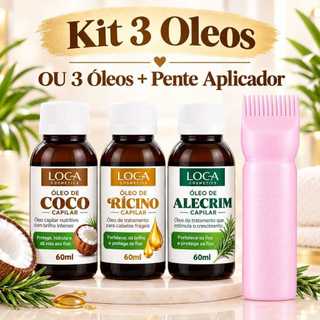Kit Terapia Capilar Loca Cosmetics - Óleo Coco + Ricino + Alecrim 60ml OU 3 Óleos + Pente Aplicador
