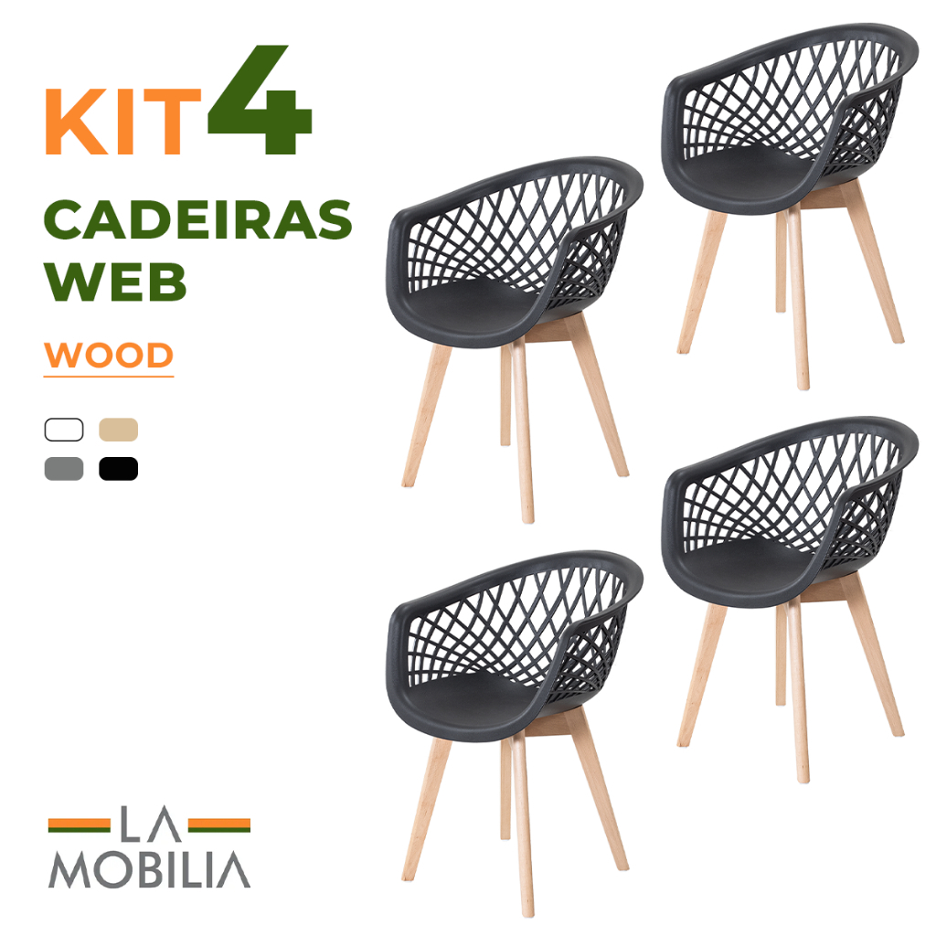 Kit 4 Cadeiras Web Wood Polipropileno Sala de Jantar e Cozinha