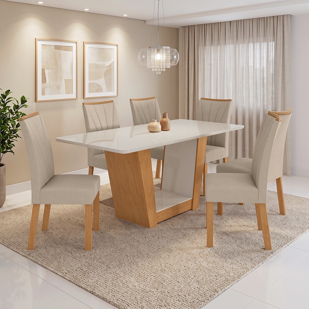 Imagem Mesa 1,70 Apogeu com Vidro e 6 cadeiras.Apogeu Veludo Naturale Creme Amêndoa Clean/Off White